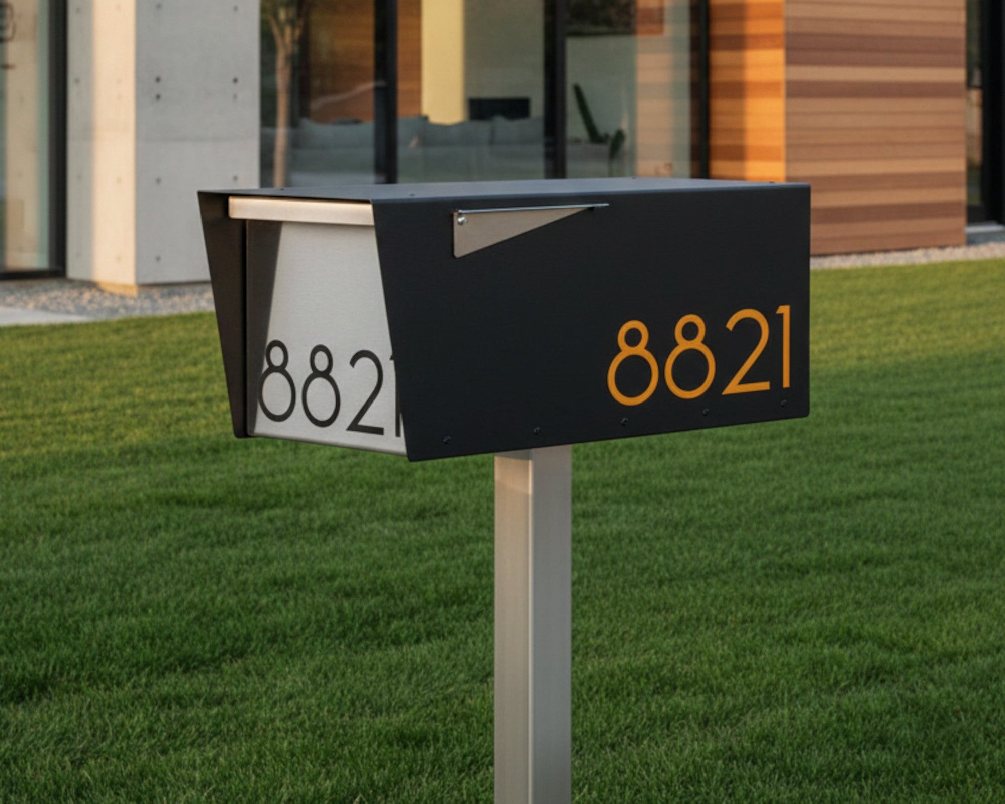 Ilyapa Angle Design Mailbox, Black & Dark Wood Grain, All Weather Powder Coated Steel Heavy Duty Curbside Welded Mailbox & Post